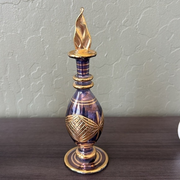 Egyptian Purple and Gold Glass Perfume Bottle with Stopper - Picture 2 of 7